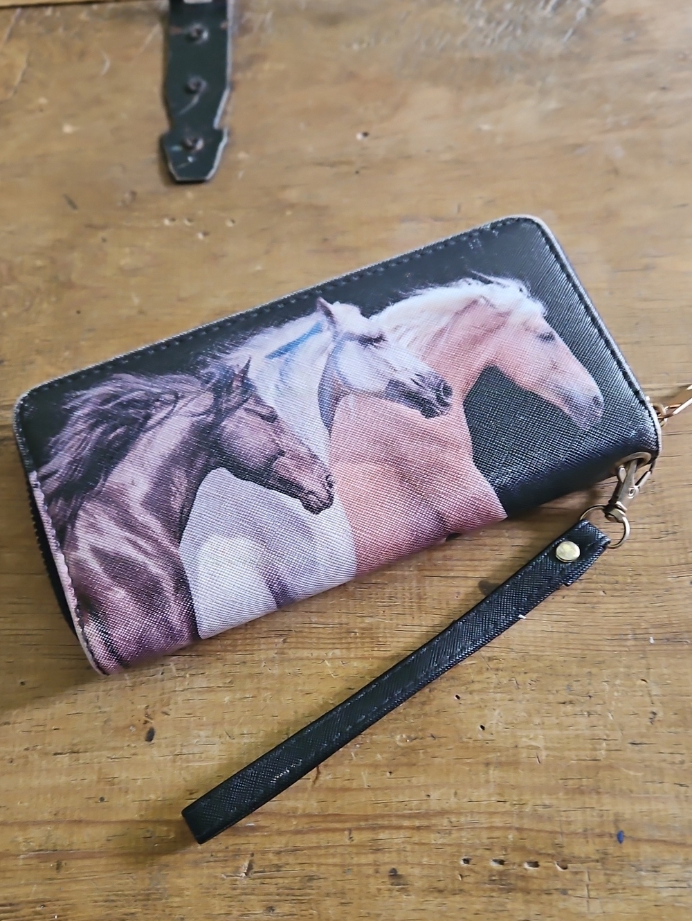 Horse Print Zip-Around Wristlet Wallet - Black/Pink/Brown